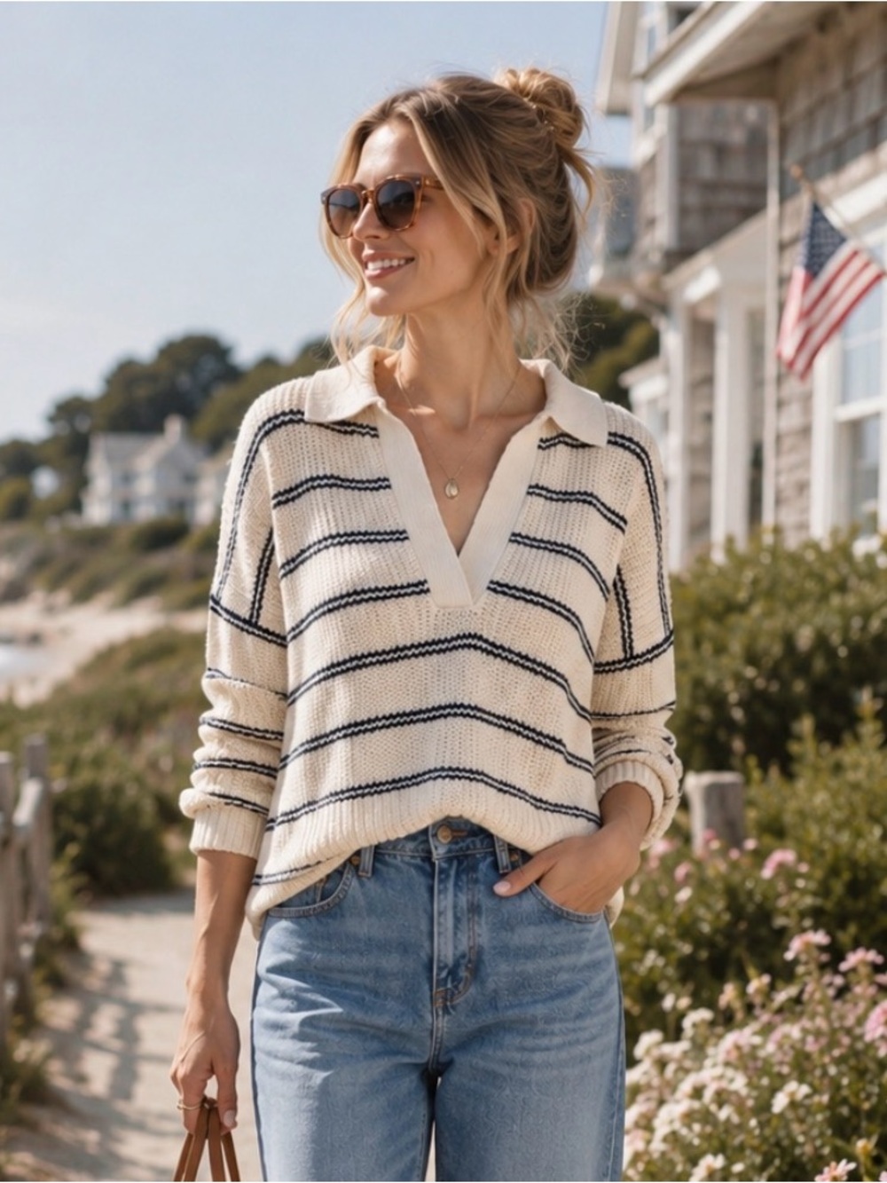 Faherty Miramar Linen Blend Striped Polo Sweater Size Medium
